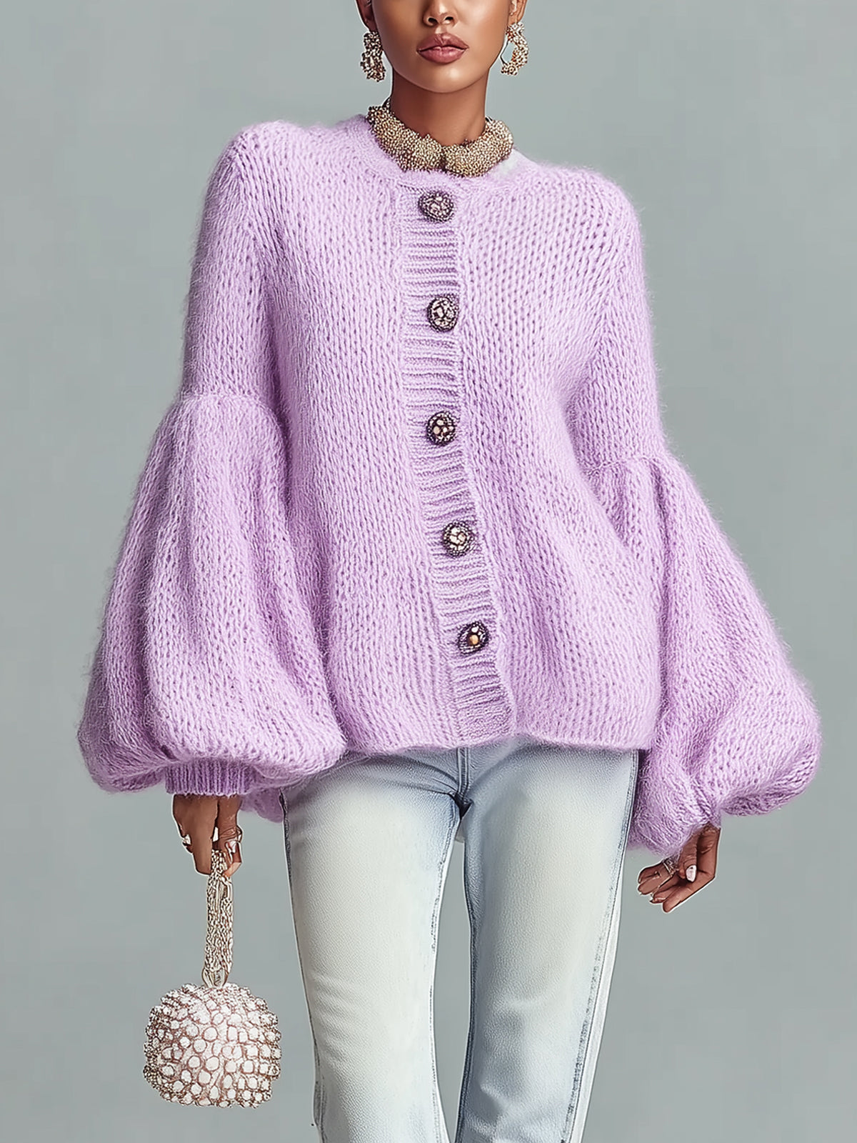 Taidalw Chic Vintage Lavender Crew Neck Button Details Oversized Bell Sleeve Fuzzy Knit Cardigan