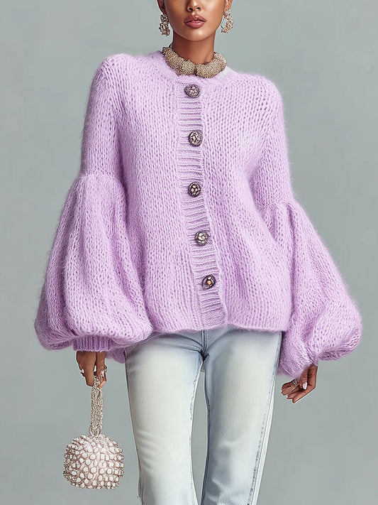 Taidalw Chic Vintage Lavender Crew Neck Button Details Oversized Bell Sleeve Fuzzy Knit Cardigan