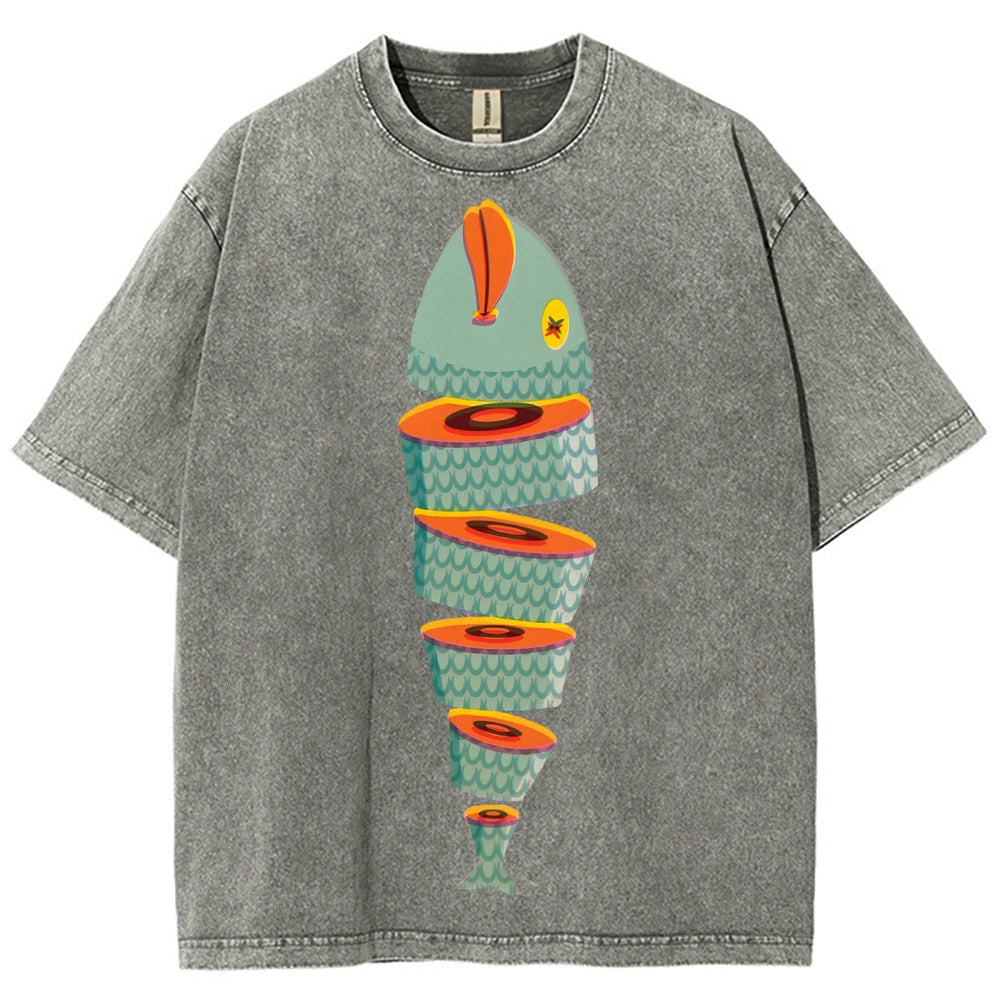 Unisex Fish Printed Washed Tee