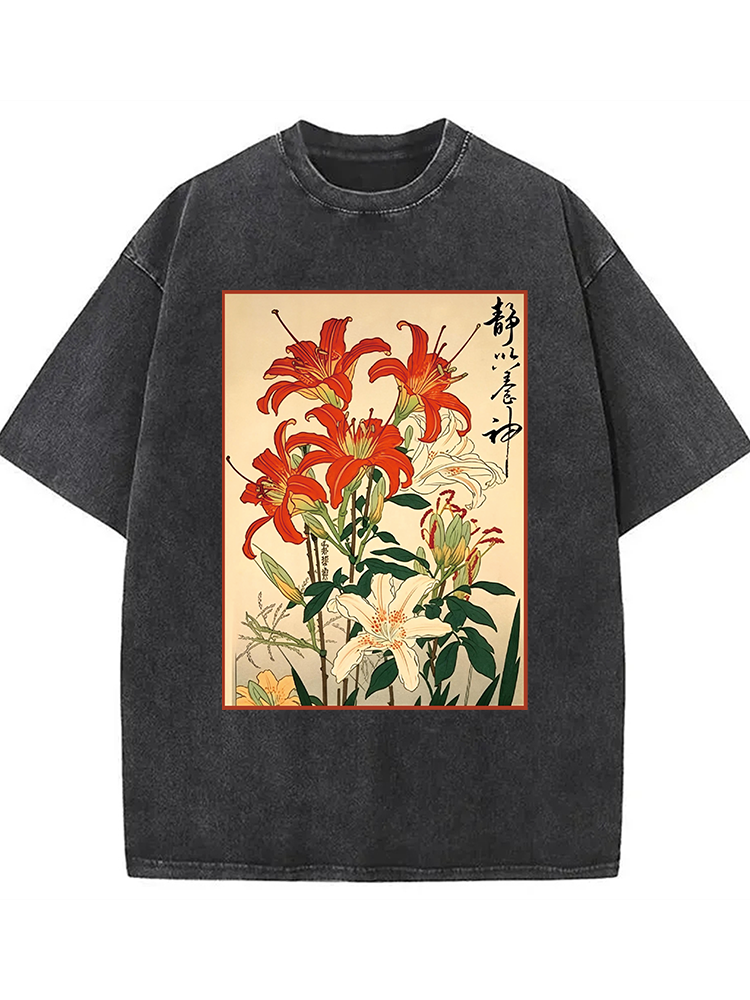 Red And White Lilies Washed T-shirt