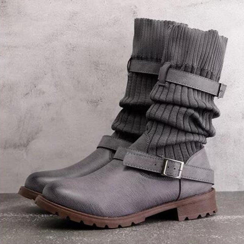 Casual Lace-Up Knitted Panel Boots