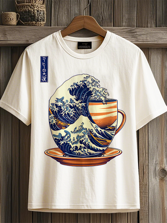 Coffee The Great Wave Off Kanagawa Print Casual T-Shirt