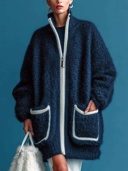 Taidalw Chic Casual Navy Stand Collar Zipper-Front Patch Pocket Long-Sleeve Oversized Knit Cardigan