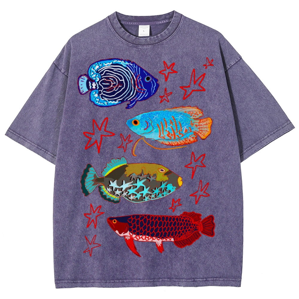 Unisex Colorful Cartoon Fish Washed Tee
