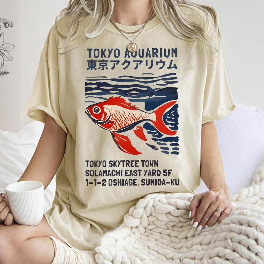 Unisex Japanese Style Fish Printed Washed Tee