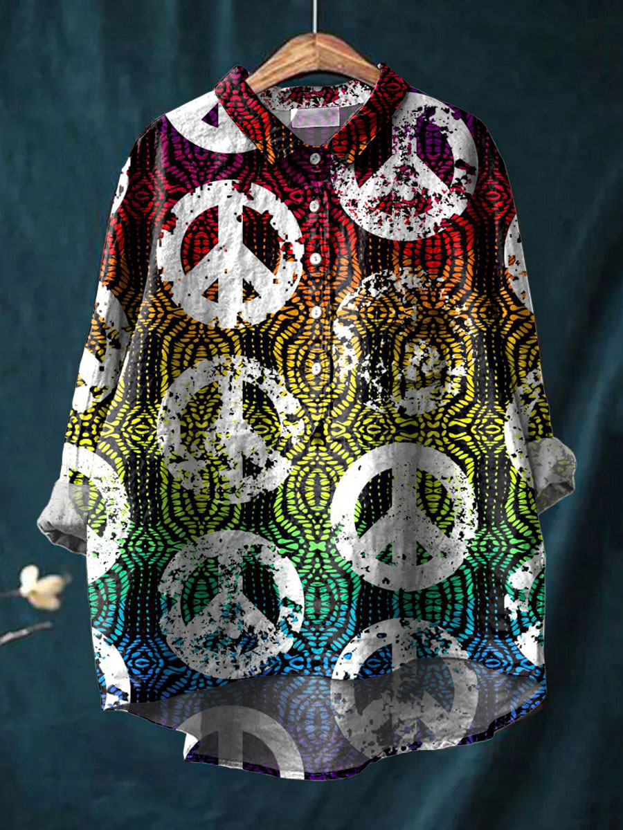 Vintage Peace And Love Art Print Casual Cotton And Linen Shirt