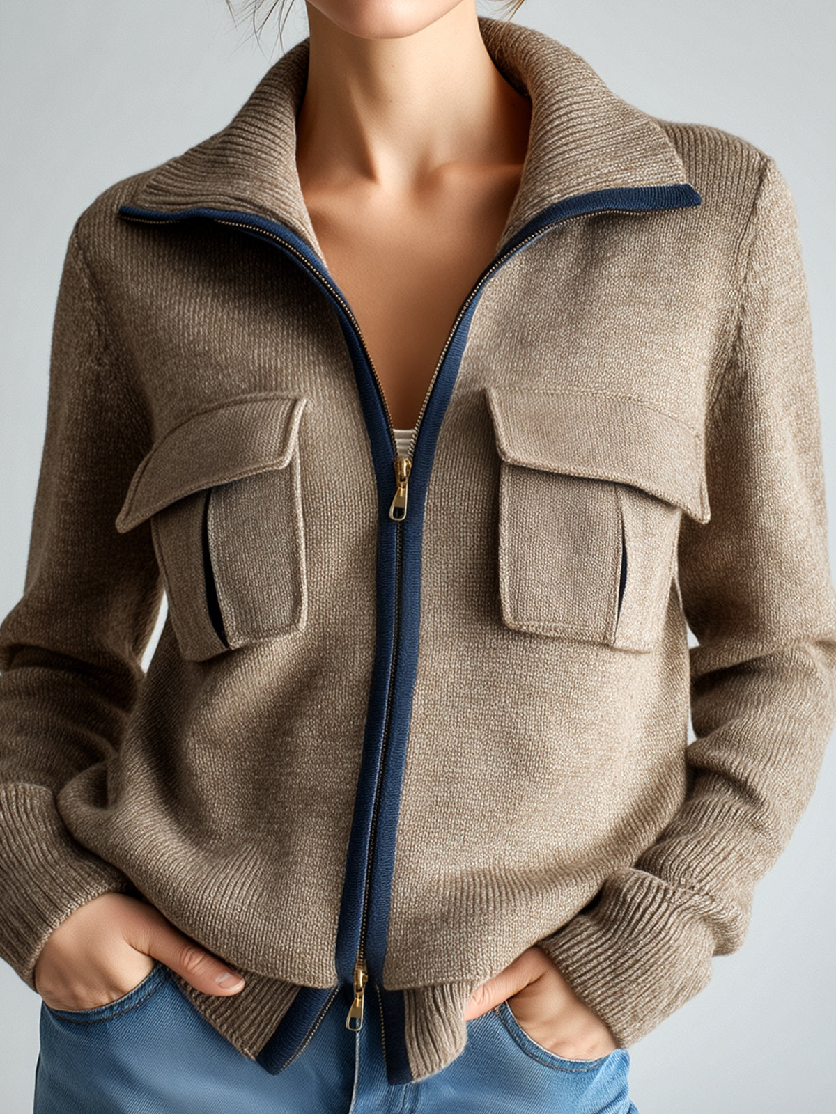 Taidalw Chic Casual Camel Lapel Zipper-Front Chest Pocket Long-Sleeve Loose Knit Cardigan