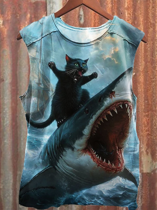 Shark Cat Print 100% Cotton Casual Tank Top