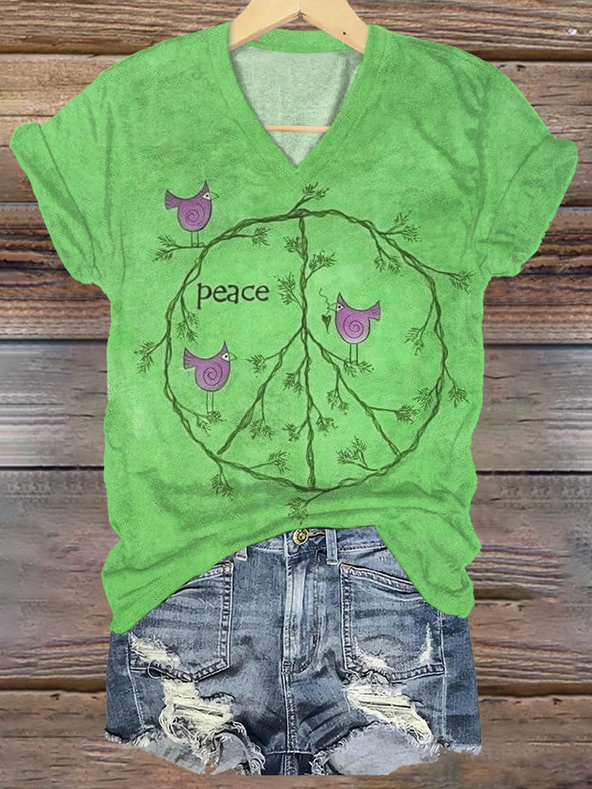 Women's Vintage Peace Love Birds Print Casual V-neck Casual T-Shirt