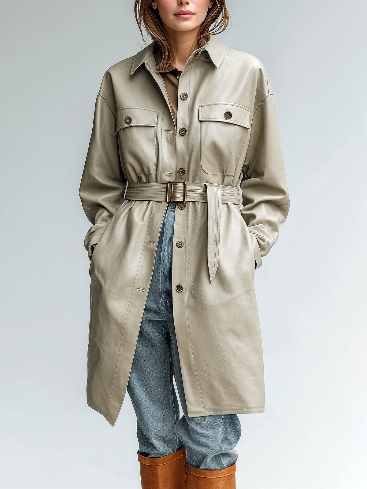 Taidalw Chic Casual Light Khaki Faux Leather Utility-Style Lapel Single Breasted Belted Mid-Length Coat