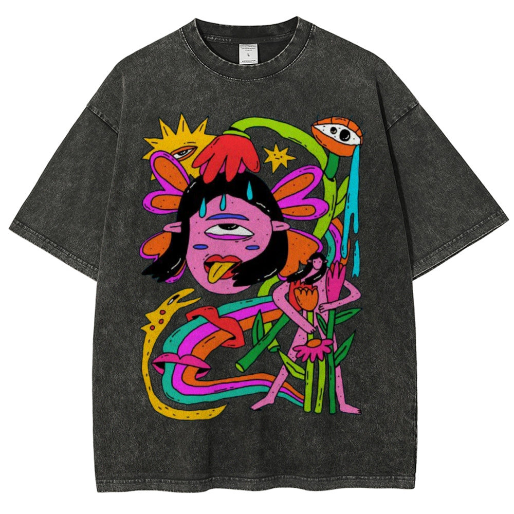 Unisex Abstract Art Human Face Eyes Printed Washed Tee