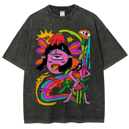 Unisex Abstract Art Human Face Eyes Printed Washed Tee
