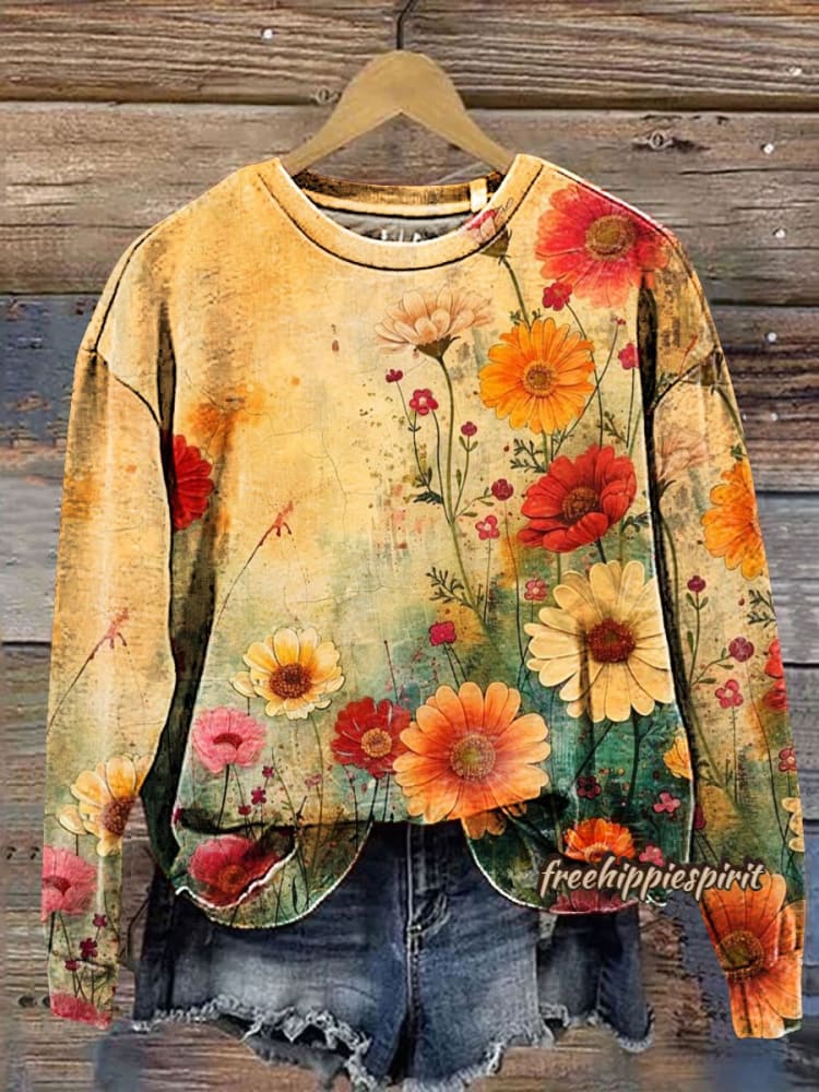 Vintage Floral Art Print Casual Sweatshirt