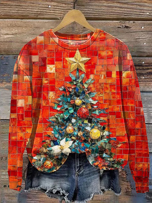 Vintage Christmas Tree Patchwork Art Print Casual Sweatshirt