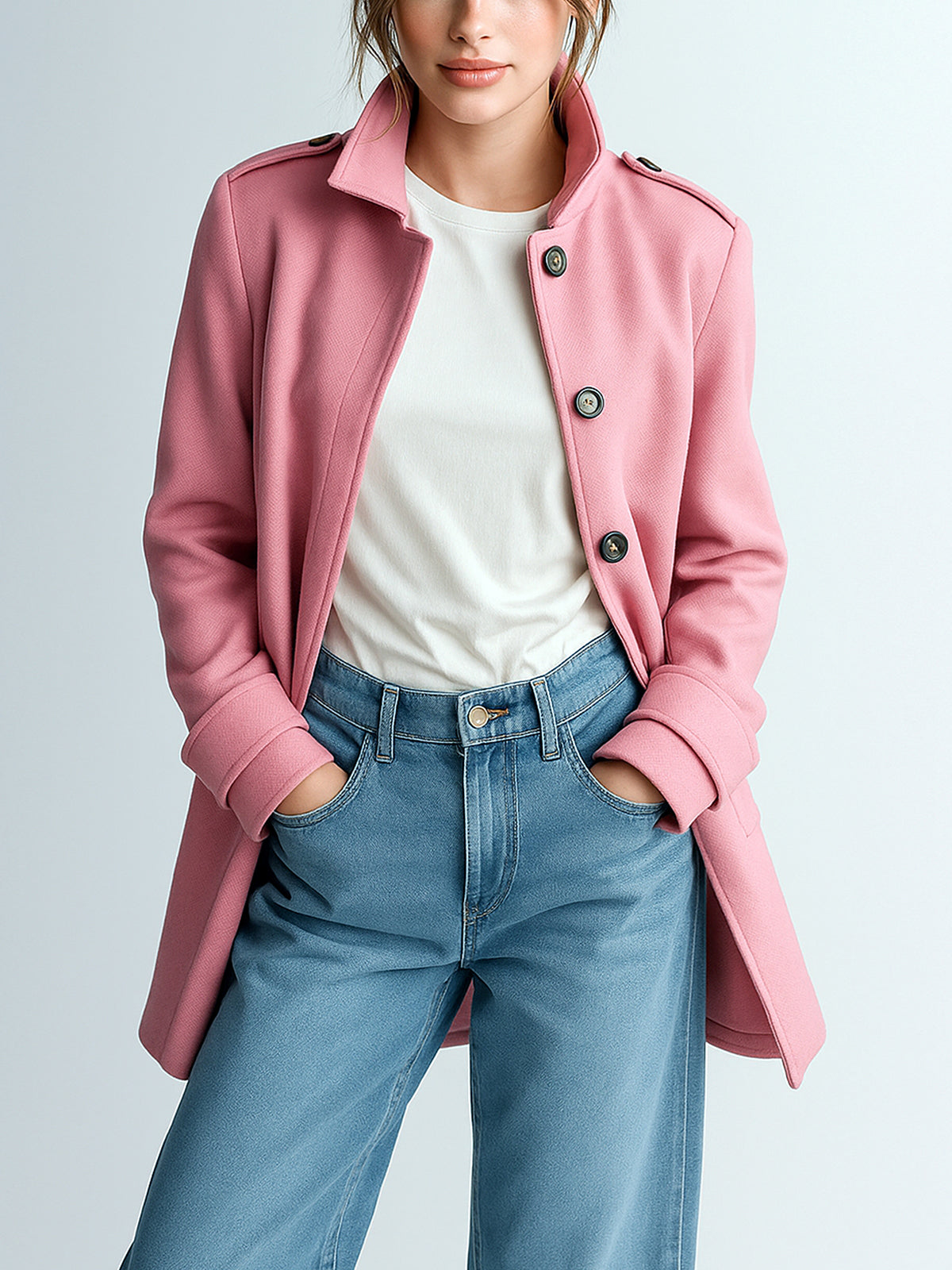 Taidalw Chic Vintage Pink Wool Blend Lapel Epaulettes Single-Breasted Fitted Mid-Length Coat