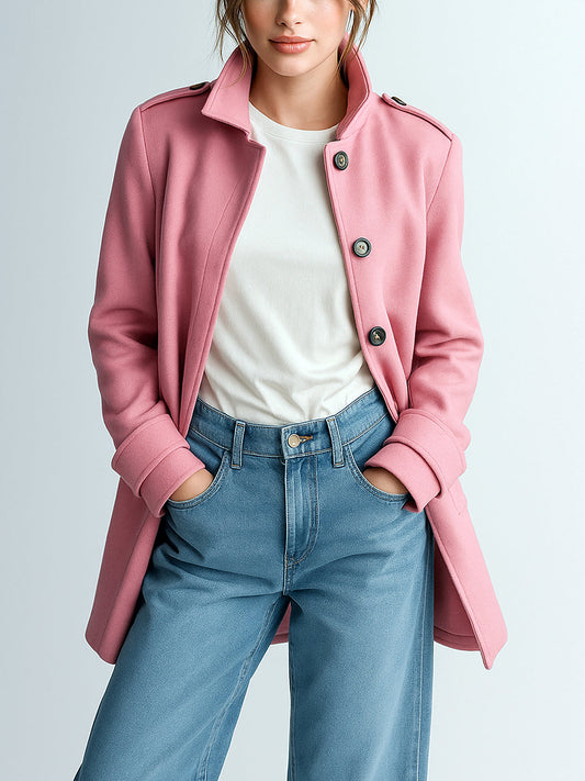 Taidalw Chic Vintage Pink Wool Blend Lapel Epaulettes Single-Breasted Fitted Mid-Length Coat