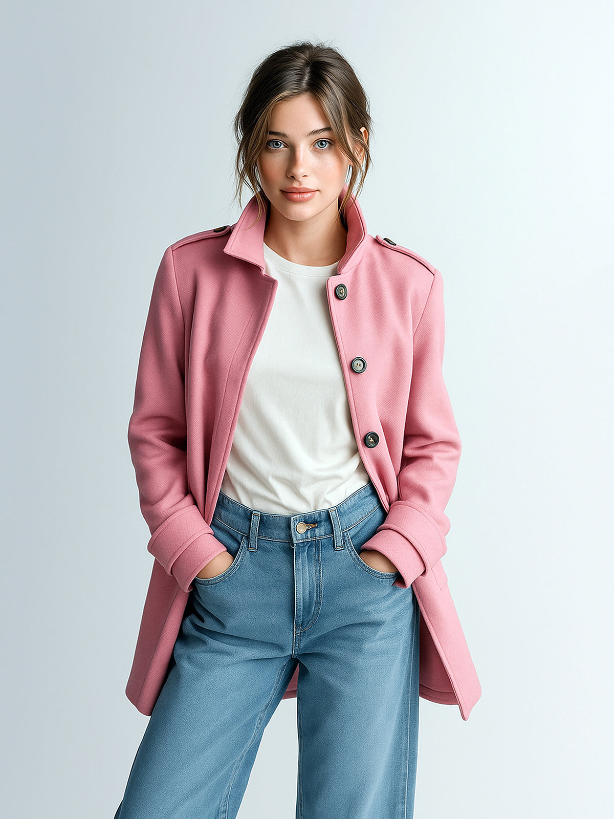 Taidalw Chic Vintage Pink Wool Blend Lapel Epaulettes Single-Breasted Fitted Mid-Length Coat