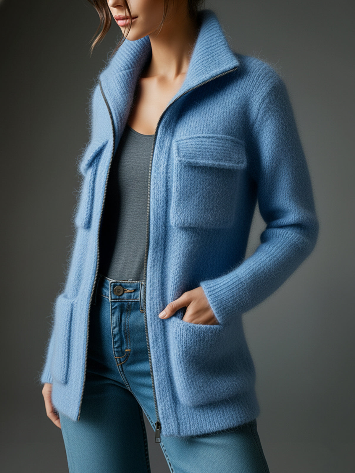 Taidalw Chic Casual Blue Lapel Zipper-Front Multi-Pocket Long-Sleeve Loose Fuzzy Knit Mid-Length Cardigan