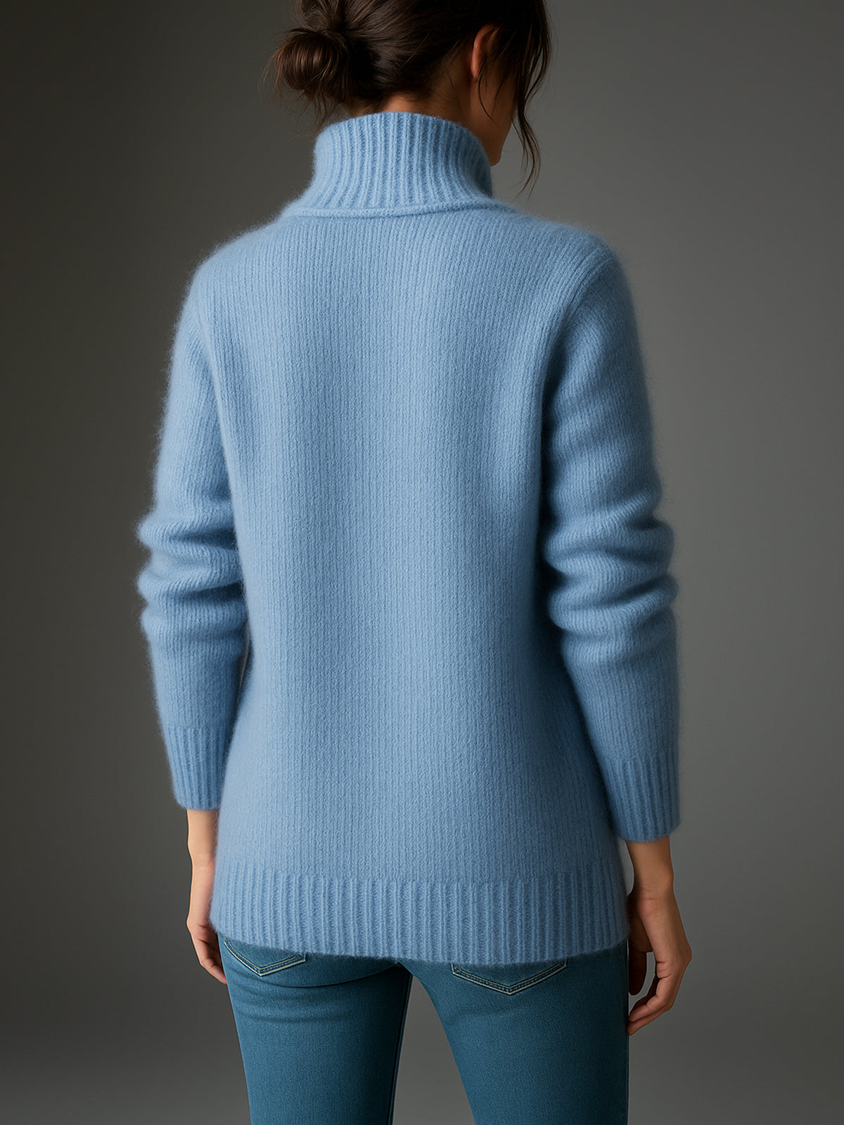 Taidalw Chic Casual Blue Lapel Zipper-Front Multi-Pocket Long-Sleeve Loose Fuzzy Knit Mid-Length Cardigan