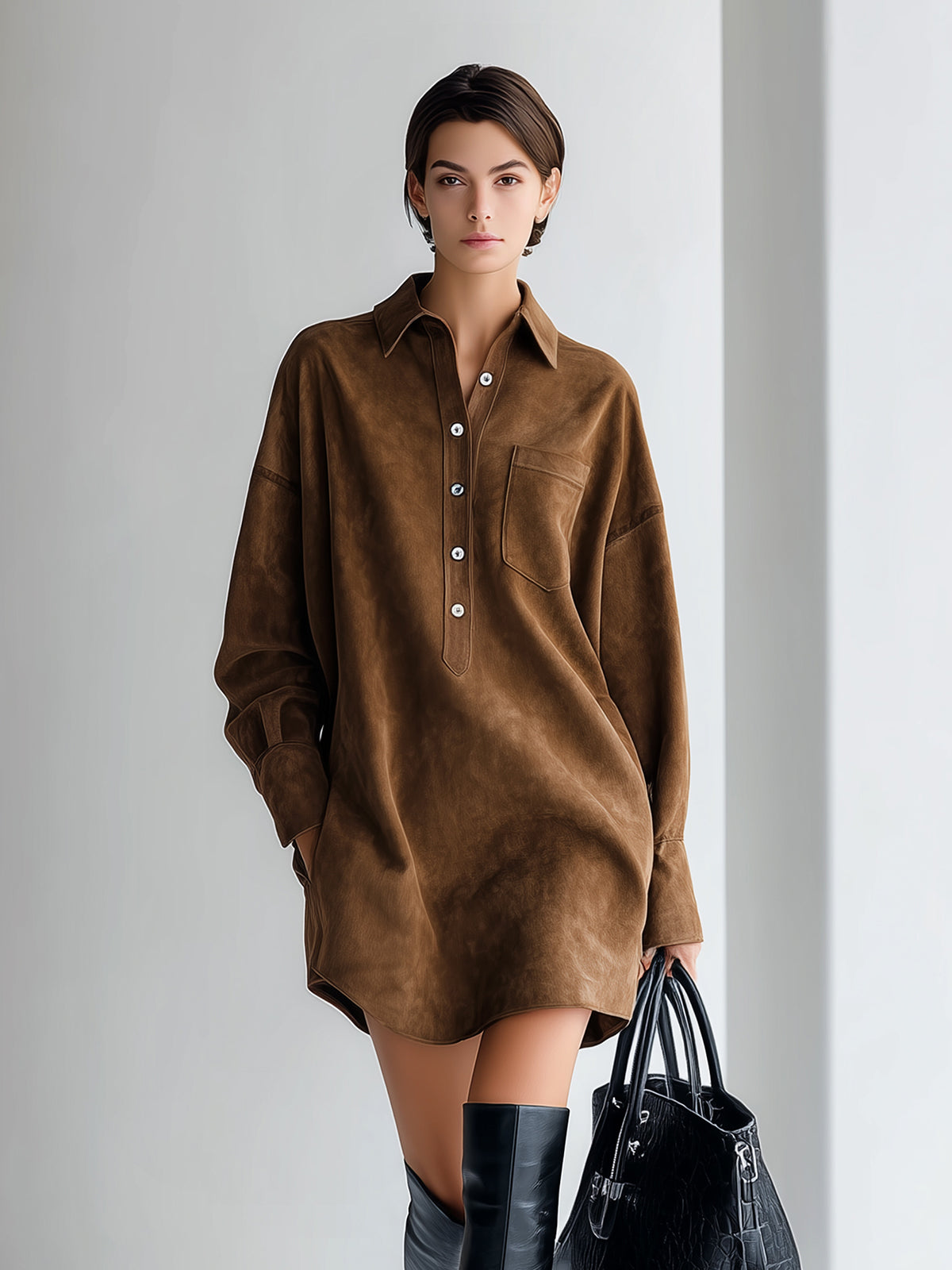 Taidalw Chic Vintage Brown Faux Suede Lapel Button-Front Patch Pocket Long Sleeve Oversized Mini Dress