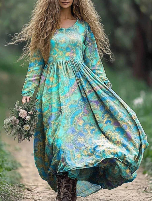 Women's Boho Folk Print Crew Neck Pocket Cotton Dress