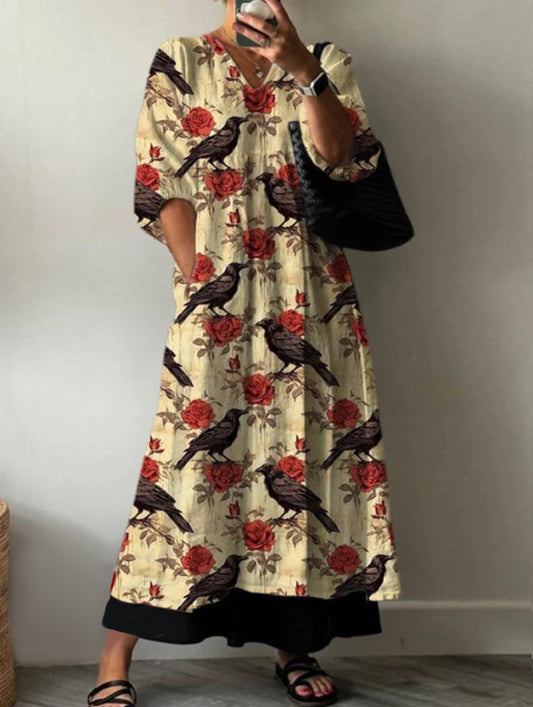 Women's Vintage Lovely Floral Raven Art Print Pocket V-neck Cotton Dress