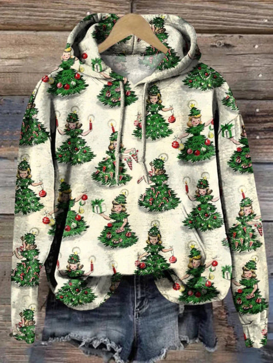 Retro Christmas Tree Elfin Repeat Pattern Printed Casual Hoodie Sweatshirt