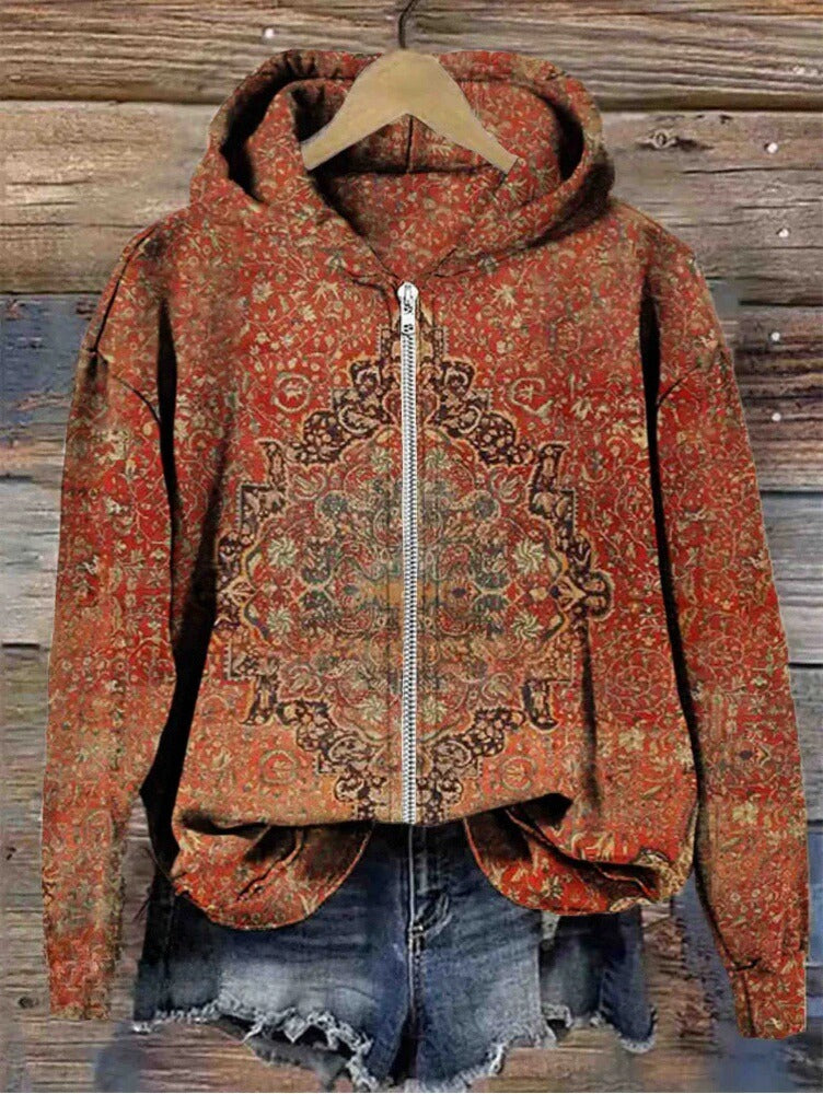 Women's Vintage Folk Floral Art Print Casual Zip Hoodie Sweatshirt