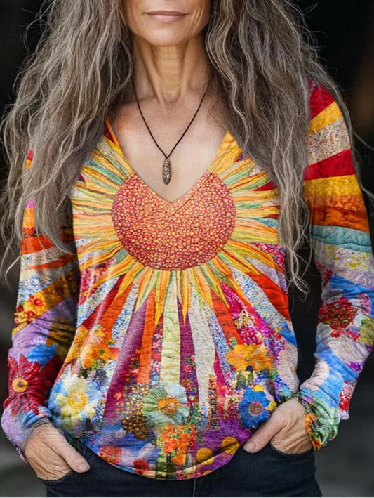 Women's Colorful Sunshine & flowers Sea Print Casual V-neck Long Sleeve T-shirt