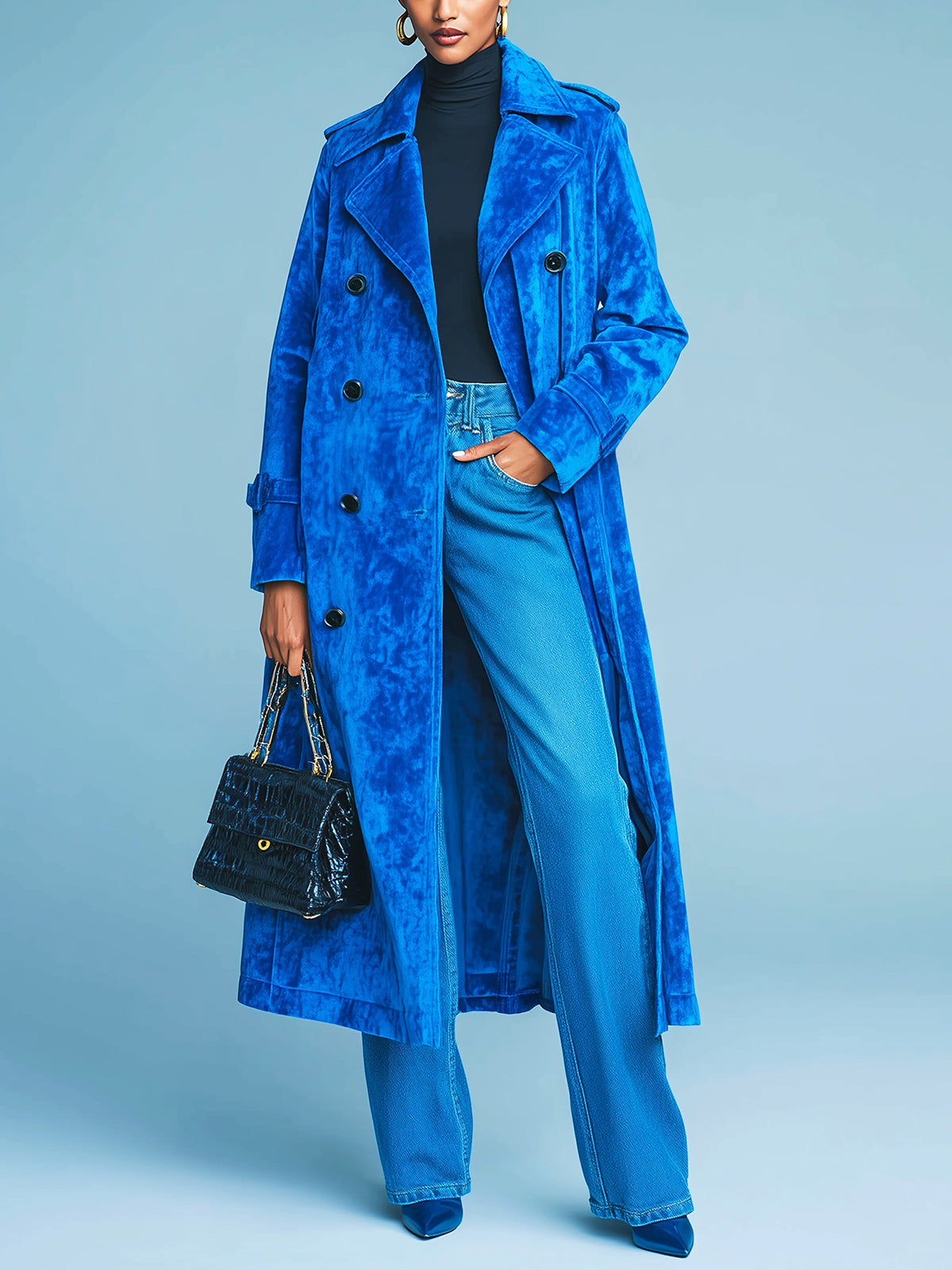 Taidalw Chic Vintage Royal Blue Velvet Lapel Double-Breasted Long Trench Coat