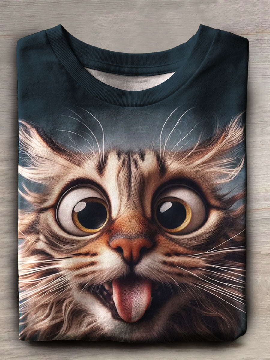 Funny Cat Print Casual Short Sleeve Top