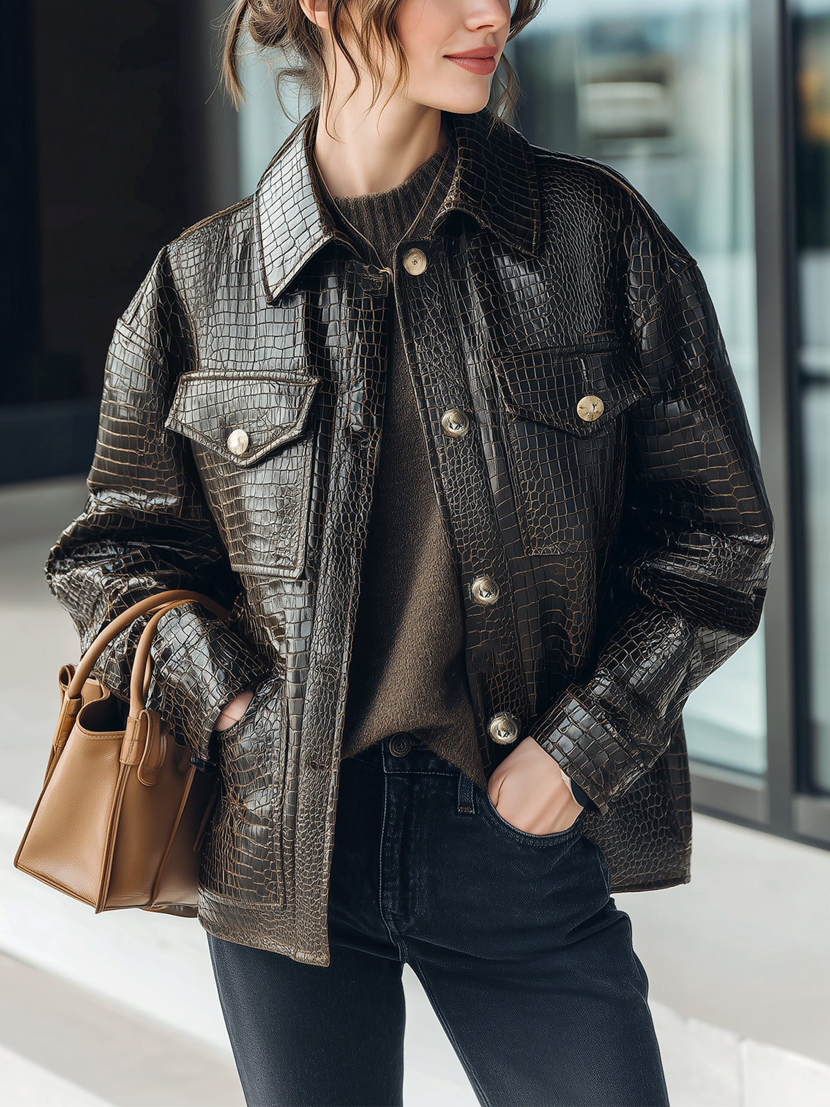 Taidalw Casual Dark Brown Crocodile Embossed Faux Leather Lapel Single-Breasted Utility Pocket Jacket