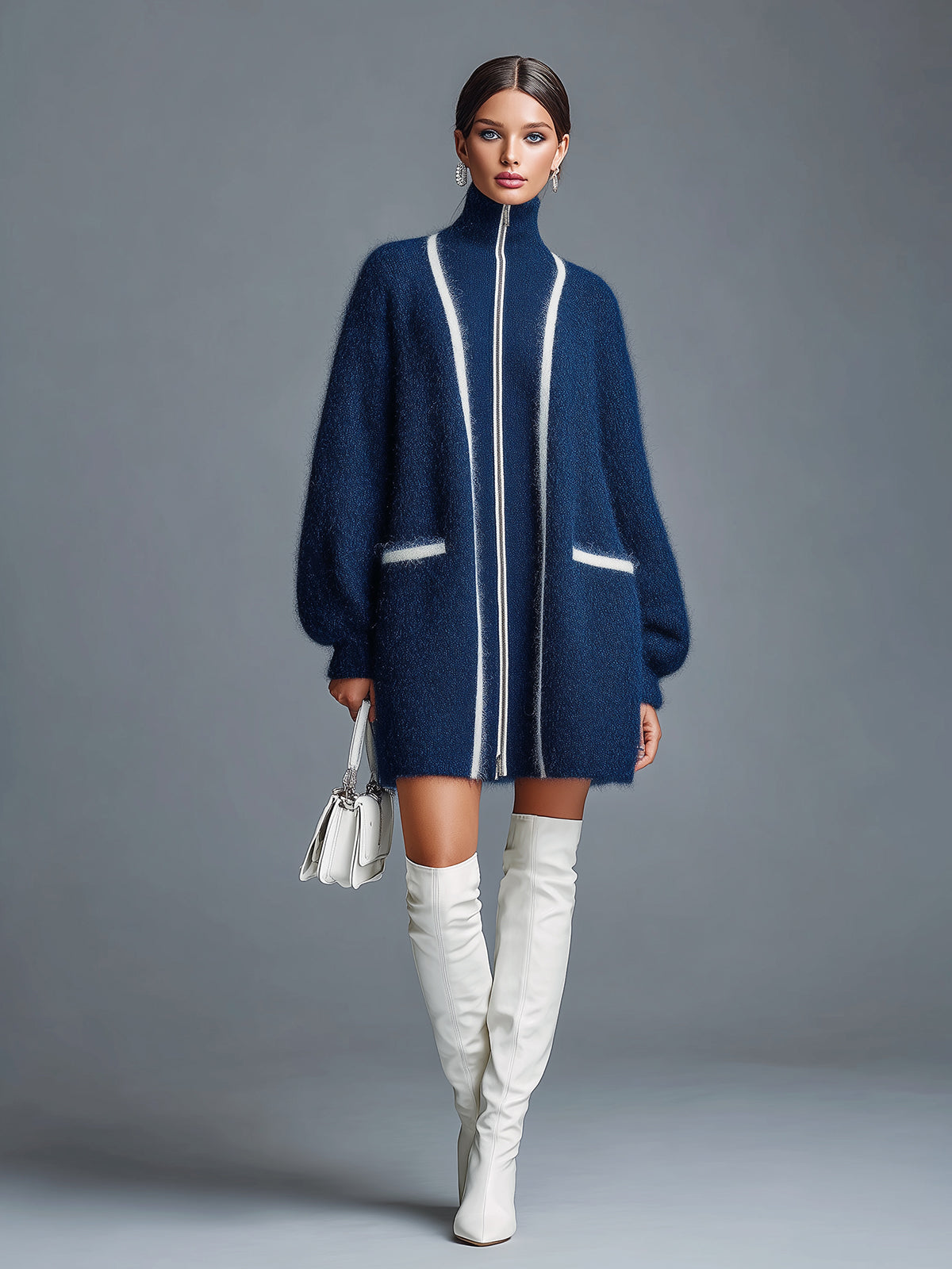 Taidalw Chic Vintage Navy Blue Stand Collar Zipper-Front Lantern Sleeve Contrast Trim Details Oversized Cardigan
