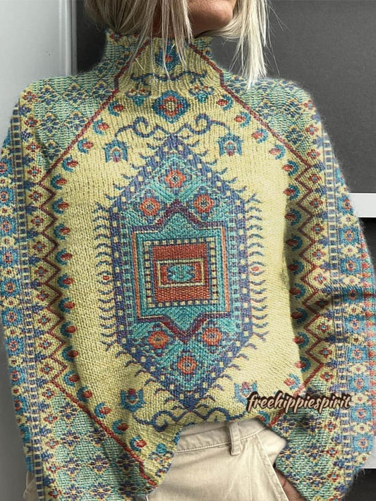 Women's Vintage Lovely Floral Art Print Knit Turtleneck Pullover Sweater