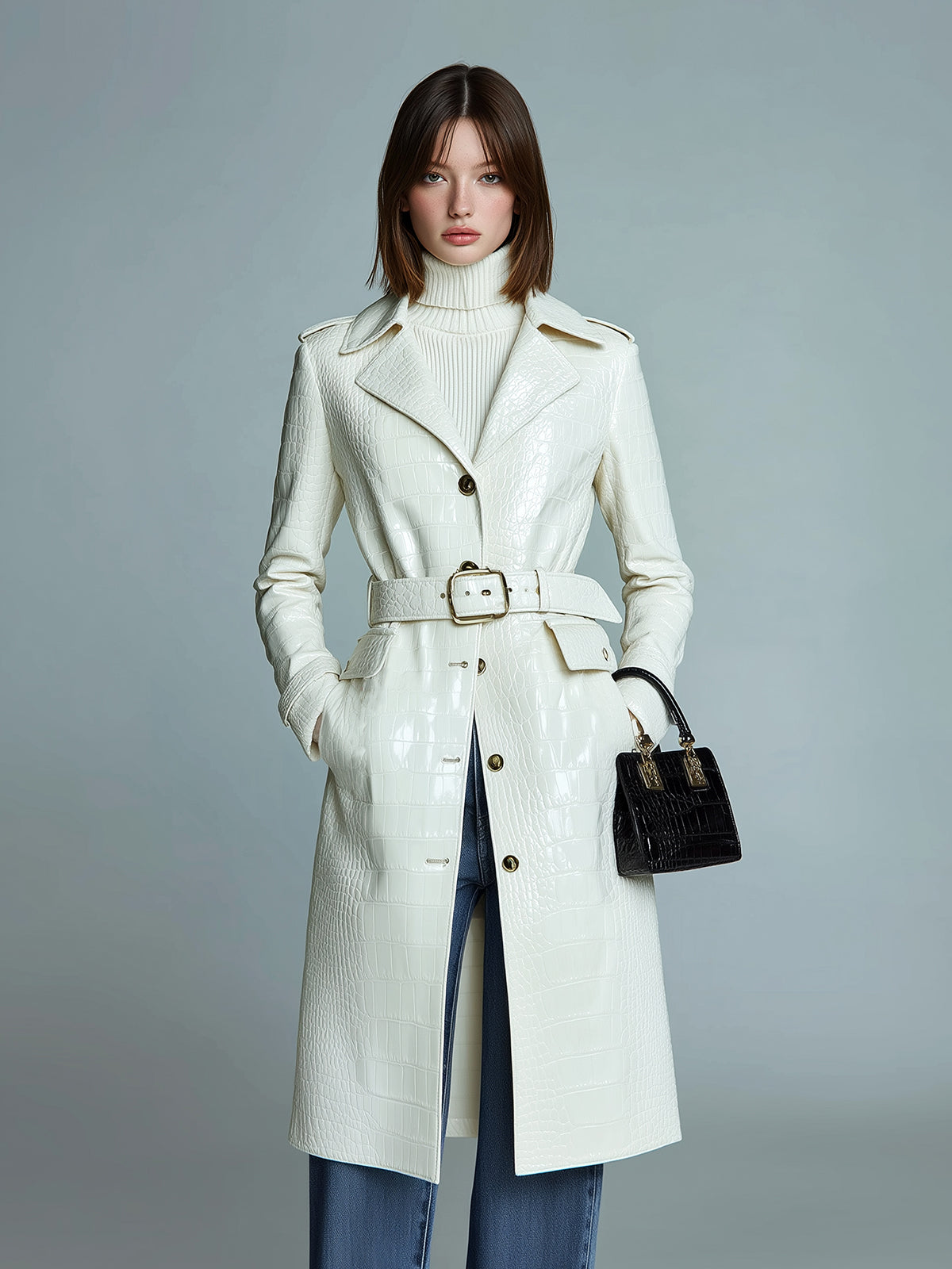 Taidalw Chic Vintage Cream White Crocodile Embossed Faux Leather Lapel Single-Breasted Belted Midi Trench Coat