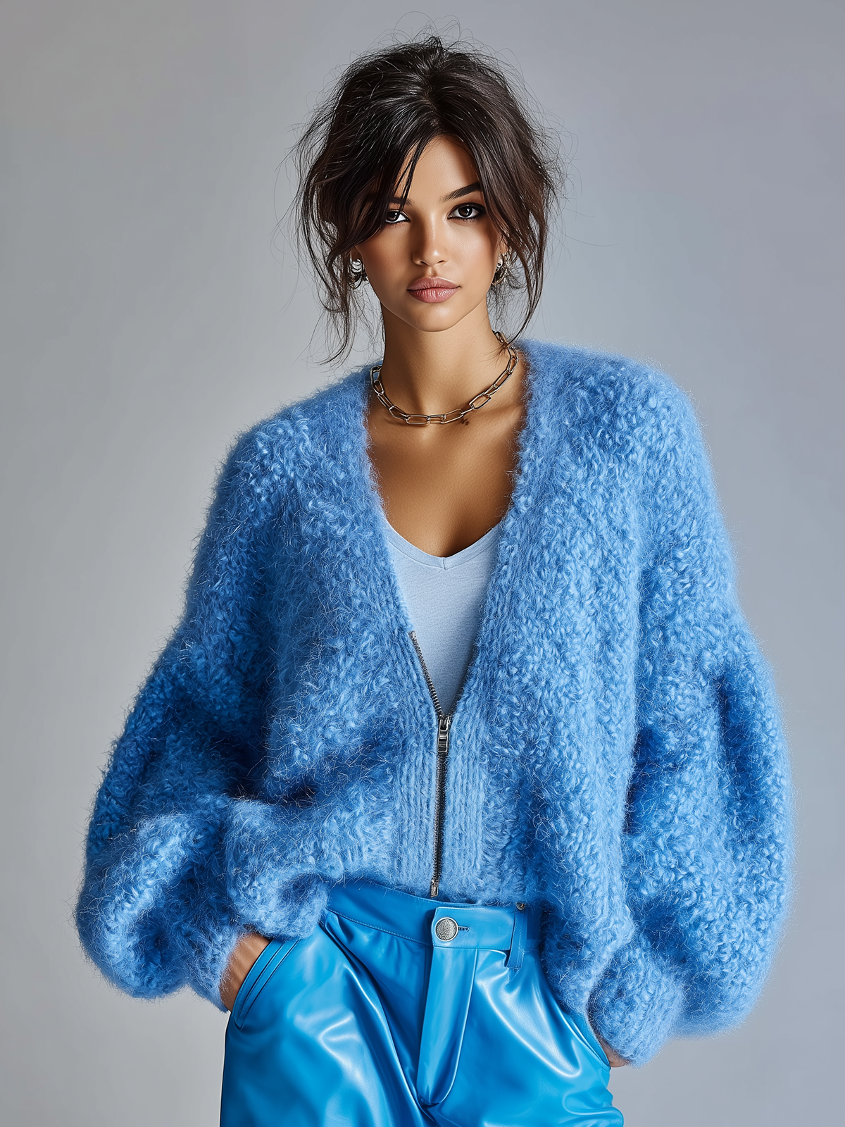Taidalw Stylish Casual Blue V-Neck Zipper-Front Loose Plush Knit Cardigan