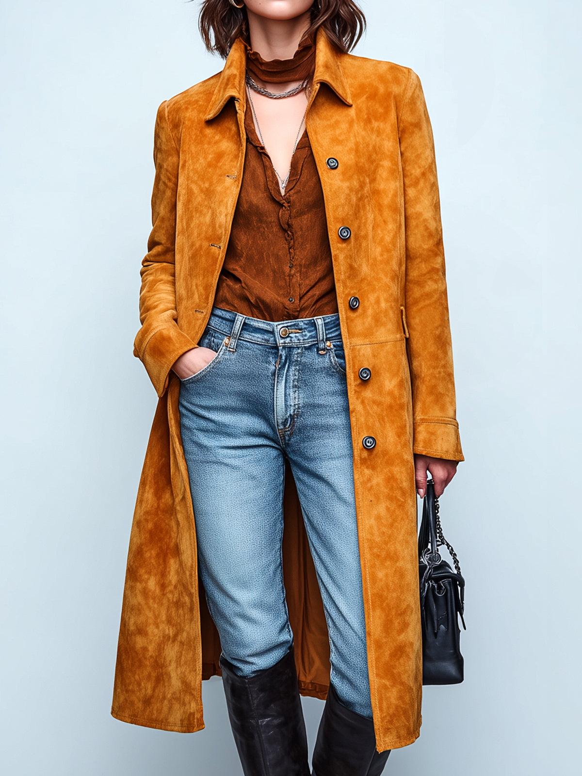Taidalw Chic Vintage Caramel Faux Suede Lapel Single-breasted Long Single-Breasted Trench Coat