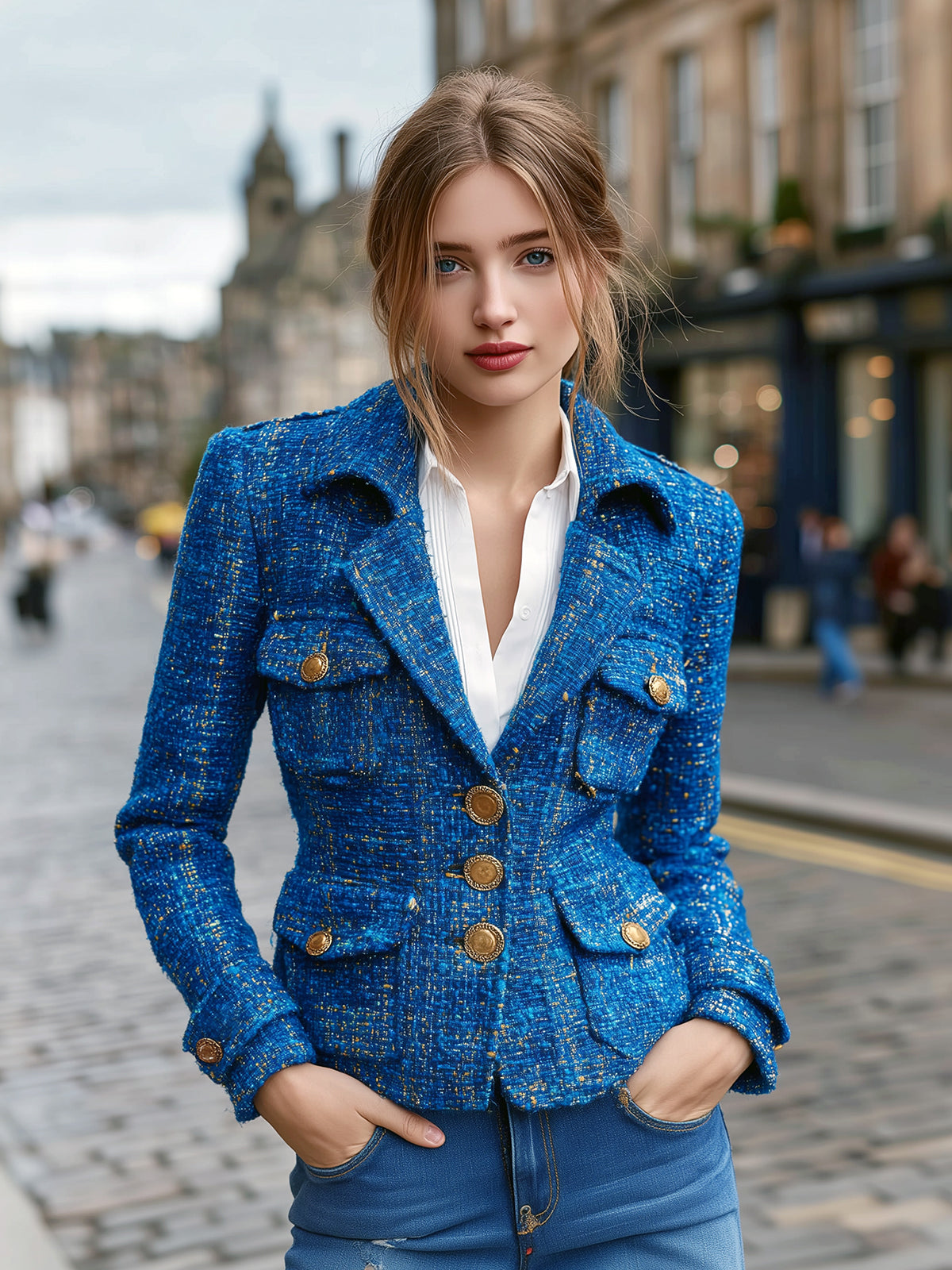 Taidalw Chic Vintage Tweed Lapel Single-breasted Multi-Pocket Tailored Waist Mini Blazer