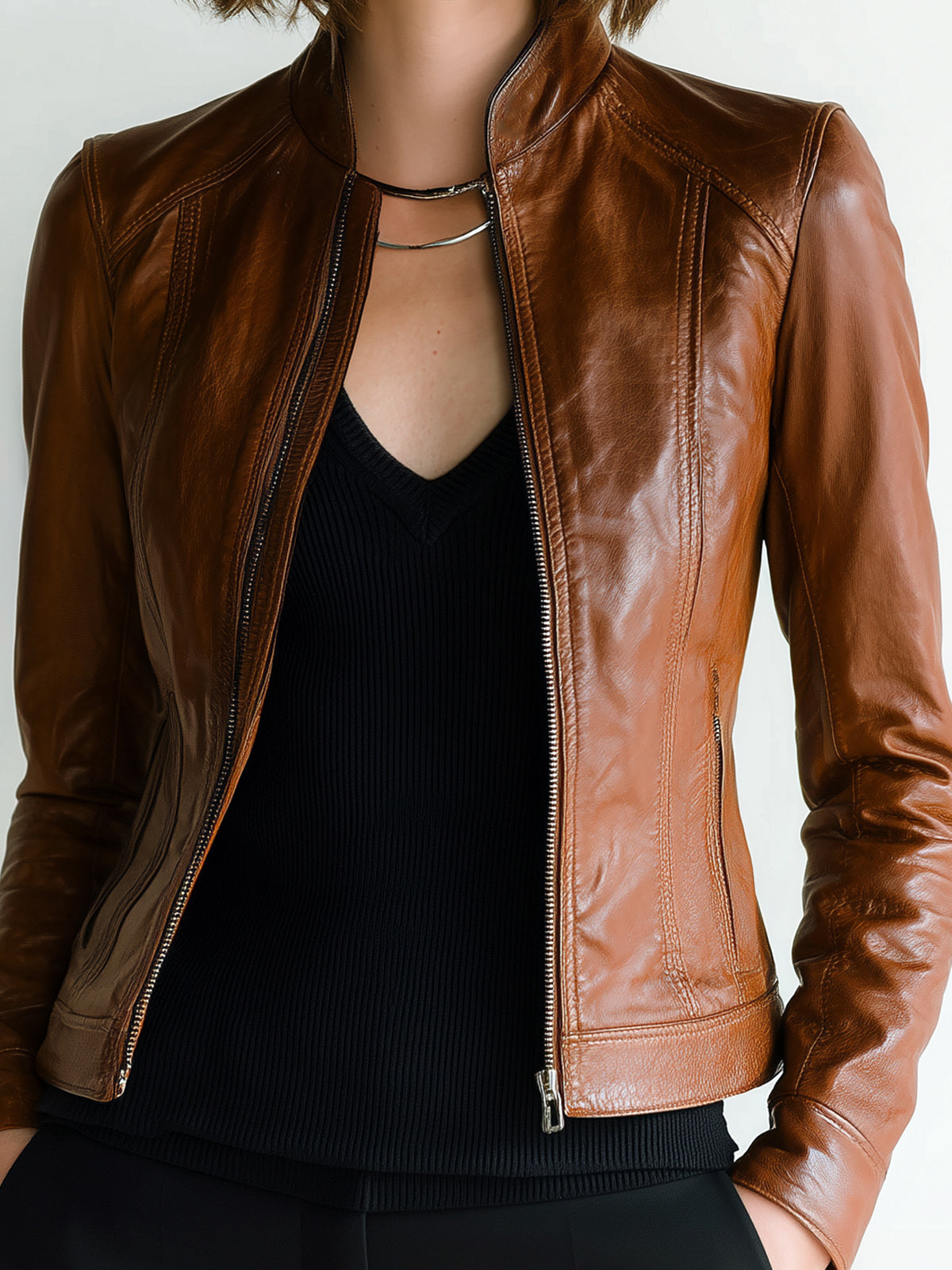 Taidalw Chic Vintage Caramel Brown Faux Leather Stand-Collar Zipper Slim-Fit Cropped Biker Jacket