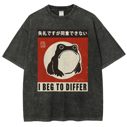 Unisex Japanese Style Frog Printed Washed Tee