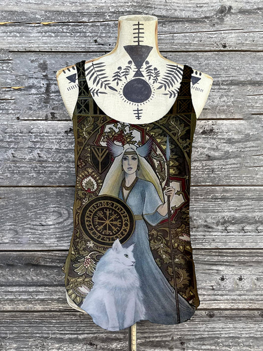 Goddess Freyja And Cat Print Viking Totem Tank Top