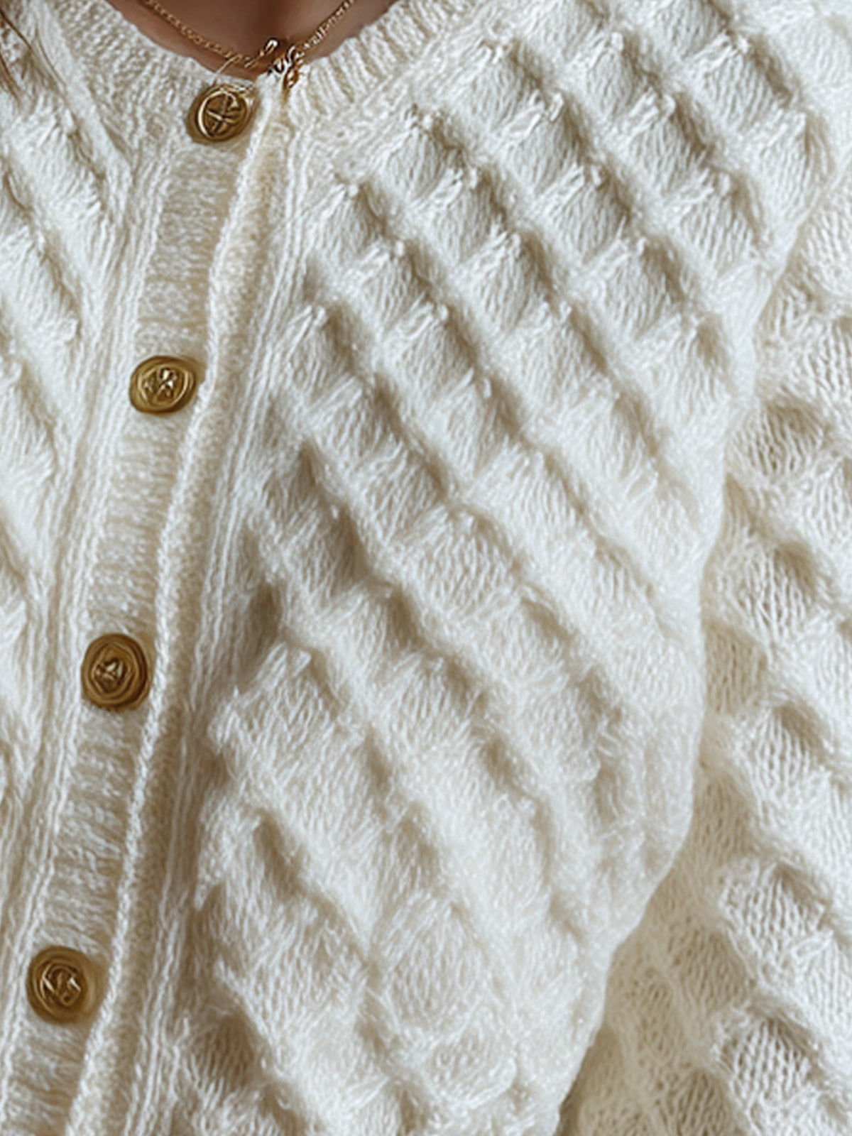 Taidalw Casual Chic Cream White Cable Knit Crew Neck Gold Button Cropped Cardigan