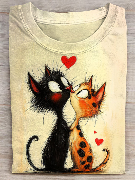 Valentine Cat Heart Art Print Casaul Short Sleeve T-shirt