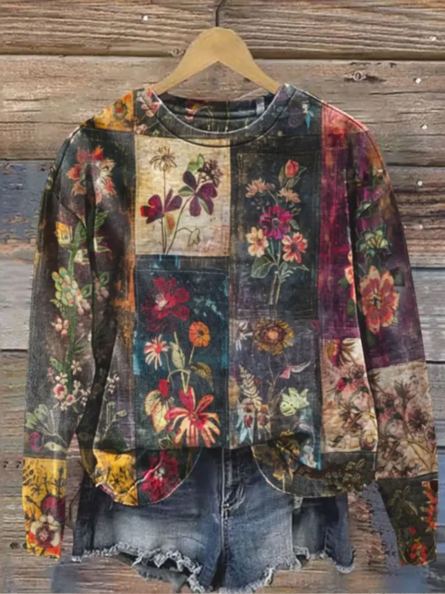 Vintage Floral Patchwork Art Print Casual  Sweatshirt