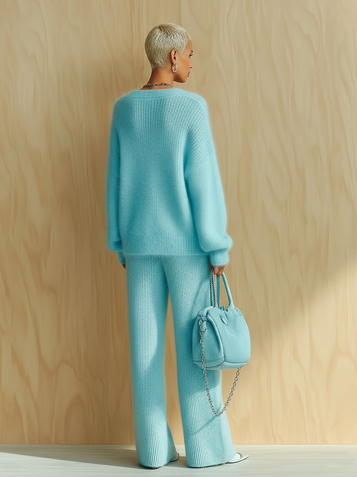 Taidalw Chic Vintage Baby Blue V-Neck Long Sleeve Oversized Sweater Wide-Leg Pants Fuzzy Knit Two-Piece Set