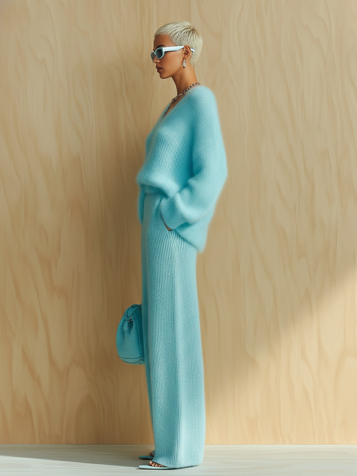 Taidalw Chic Vintage Baby Blue V-Neck Long Sleeve Oversized Sweater Wide-Leg Pants Fuzzy Knit Two-Piece Set