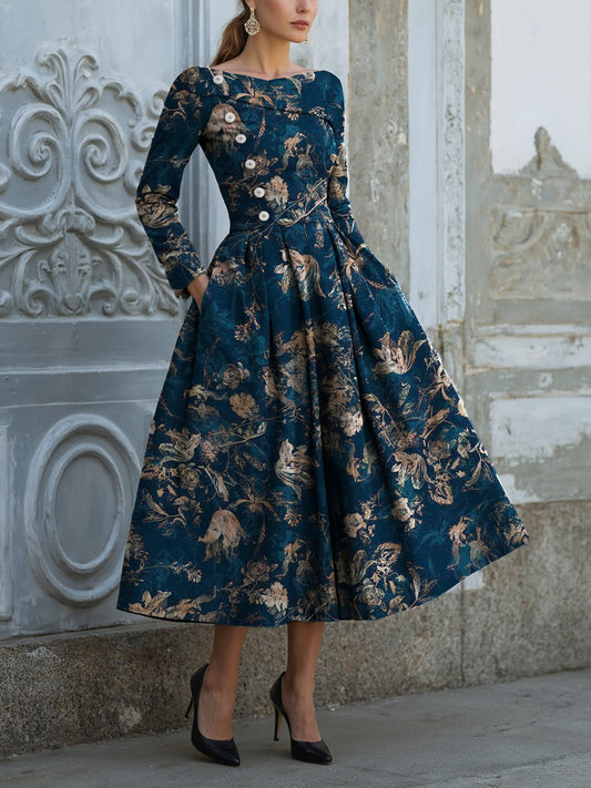 Midi Linen Dress, Long Sleeves, V Neck, Floral, Button Design, Vintage, Deep Blue