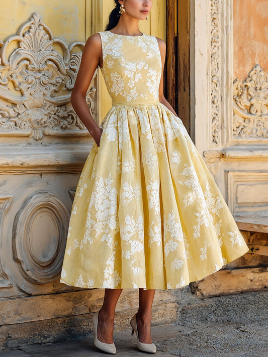 (SIZE:XS-XXL) Midi Linen Dress, Sleeveless,  Linen Blend, Floral, Renaissance