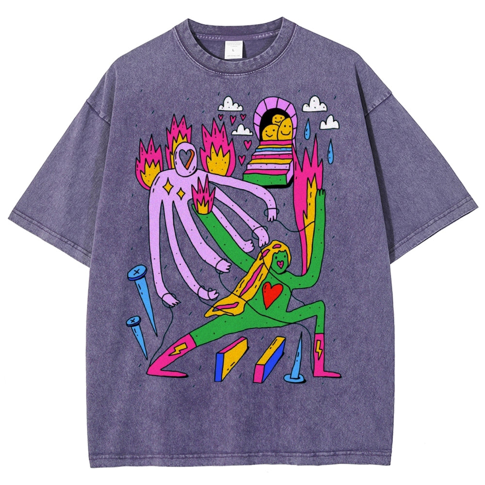 Unisex Art Abstract People Printed Washed Tee