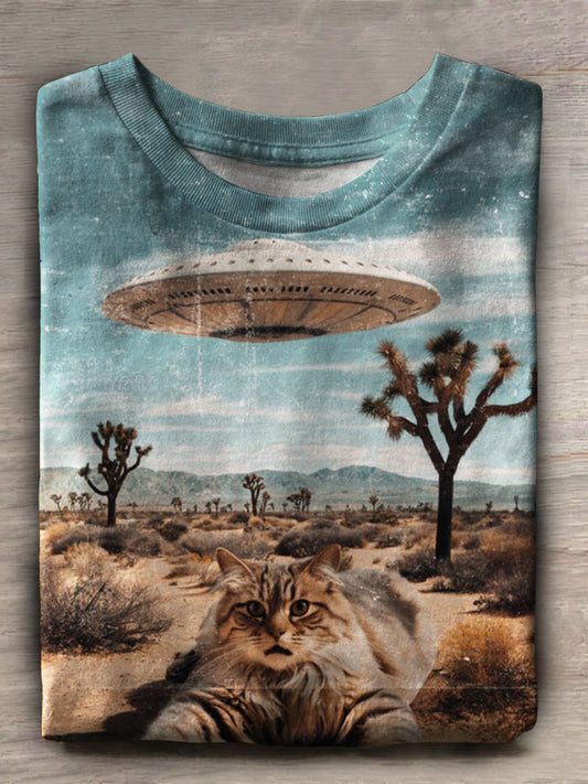 Cat UFO Print Casual Short Sleeve Top